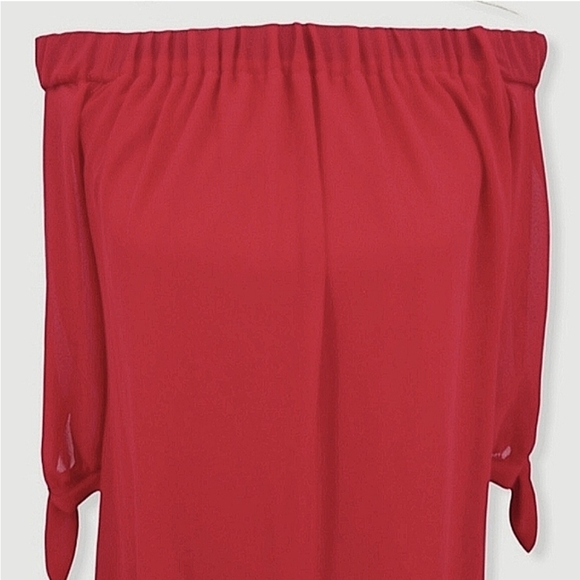 BCX Wmns Y2K Solid Red Sheer 3/4 Bowtie Sleeve Cold Shoulder Shift Dress SzM NWT - Picture 4 of 12